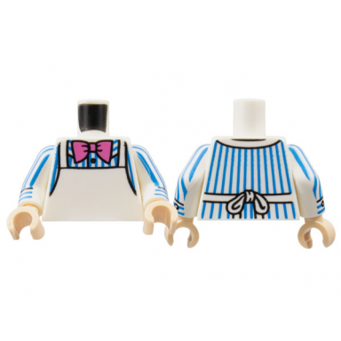 white torso shirt with blue pinstripes dark pink bow tie white apron pattern white arms with blue pen stripes cuff pattern light nougat hands
