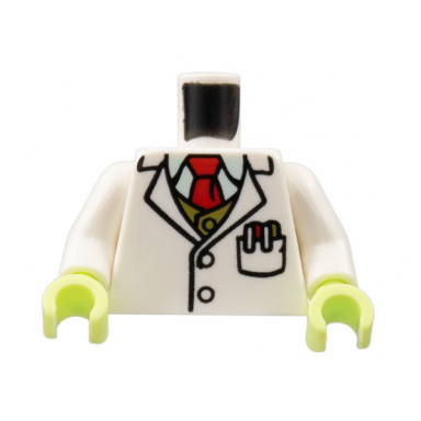 white torso lab coat light aqua shirt red tie dark tan vest pens in pocket pattern white arms yellowish green hands