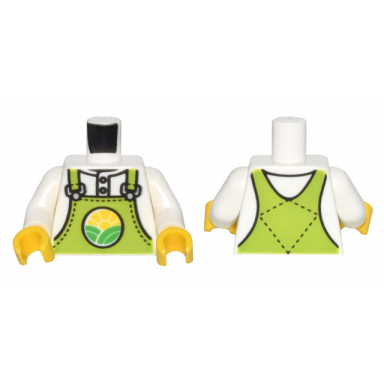 white torso lime overalls with bright green hills and yellow sun over shirt pattern white arms yellow hands