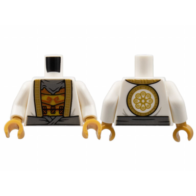 white torso robe with gold hem dark bluish gray bandana and sash armor with dark orange trim pattern white arms pearl gold hands