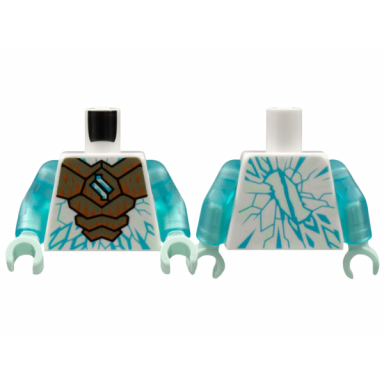 white torso gold armor with dark orange crystals medium azure ninjago logogram letter z and ice crystals pattern trans-light blue arms light aqua hands