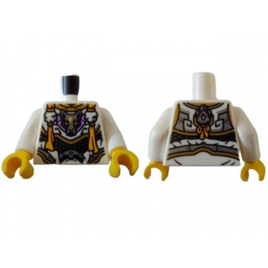 white torso armor with gold trim silver wolf head on medium lavender breastplate bright light orange tassels pattern white arms yellow hands