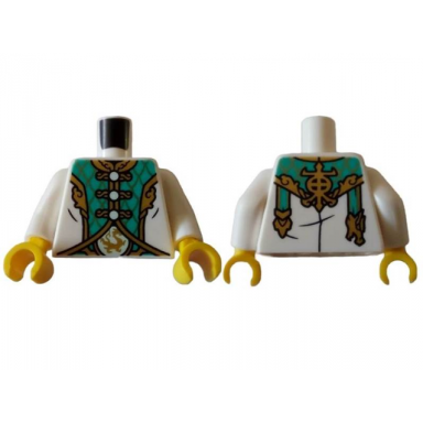 white torso tang jacket closed with gold trim and dark turquoise panels over dragon medallion belt pattern white arms yellow hands