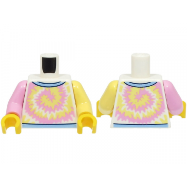 white torso shirt bright pink and bright light yellow swirl bright light blue collar pattern bright light yellow arm left bright pink arm right yellow hands