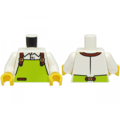 white torso shirt and lime apron with reddish brown pocket and straps with gold buckles pattern white arms yellow hands