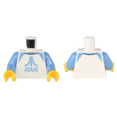 white torso raglan shirt with medium blue atari logo pattern medium blue arms yellow hands