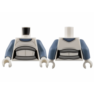 white torso female alien sand blue collar light bluish gray hems open midriff with skin pattern sand blue arms white hands