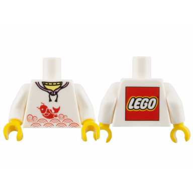 white torso hoodie bright light yellow t-shirt red koi fish waves lego logo on back pattern white arms yellow hands