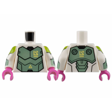 white torso armor sand green breastplate bright light yellow triangle and logo pattern white arms with lime and sand green armor pattern dark pink hands