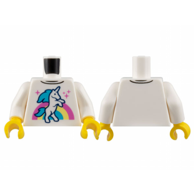 white torso shirt with unicorn sparkles and dark pink bright light yellow and medium azure rainbow pattern white arms yellow hands