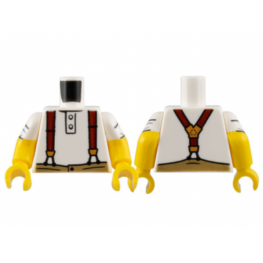 white torso shirt with 2 buttons dark red suspenders with gold clasps dark tan pants pattern yellow arms with white short sleeves rolled pattern yellow hands