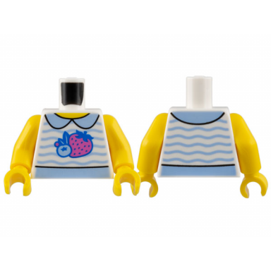 white torso shirt yellow neck bright light blue collar and wavy stripes blueberry dark pink strawberry pattern yellow arms yellow hands