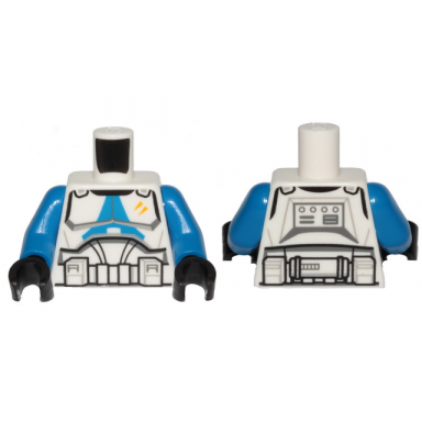 white torso sw armor clone trooper with blue 501st legion markings and 2 yellow stripes pattern clone wars blue arms black hands
