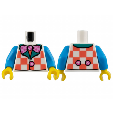 white torso vest with coral checks dark turquoise lapels bright pink bow tie with dark pink polka dots pattern bam dark azure arms yellow hands