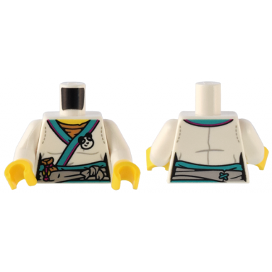 white torso female robe with dark turquoise trim light bluish gray sash with knot panda pin and drawstring pouch pattern white arms yellow hands