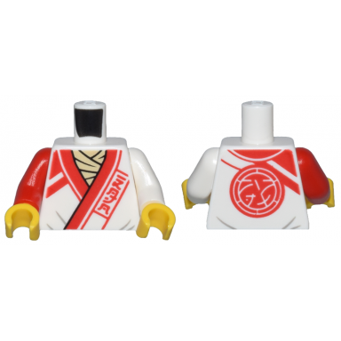 white torso robe with red trim lines and ninjago logogram dojo over tan shirt core logo on back pattern white arm left red arm right yellow hands