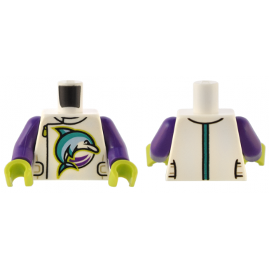 white torso jacket with dark turquoise and bright light blue dolphin side zipper straps and stripe pattern dark purple arms lime hands