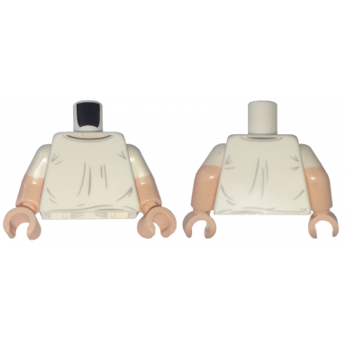 white torso shirt with dark bluish gray collar light bluish gray wrinkles and light nougat neck pattern light nougat arms with molded white short sleeves pattern light nougat hands