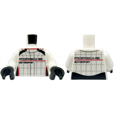white torso racing suit with porsche motorsport black and red stripes and silver lines and stitching pattern white arms black hands
