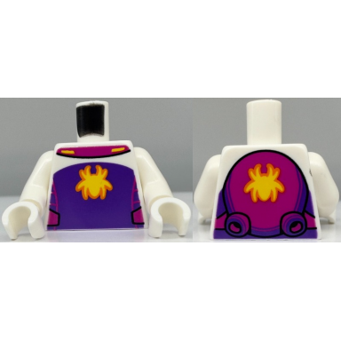 white torso yellow spider on dark purple panel with magenta web and side panels pattern white arms white hands