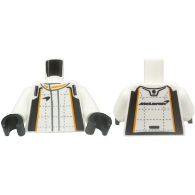 white torso racing suit with black and orange stripes silver lines and stitching mclaren on back pattern white arms black hands