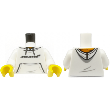 white torso hoodie with pocket and black mclaren over orange shirt pattern white arms yellow hands