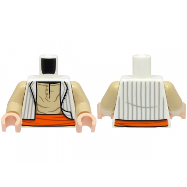 white torso open vest with light bluish gray stripes tan shirt orange sash pattern tan arms light nougat hands