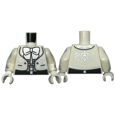 white torso jacket with black buttons pockets silver filigree and bow over skeleton torso pattern white arms with silver filigree pattern white hands