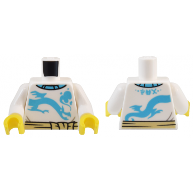 white torso medium azure collar dragon smoke and ninjago logogram tea and tan belt pattern white arms yellow hands