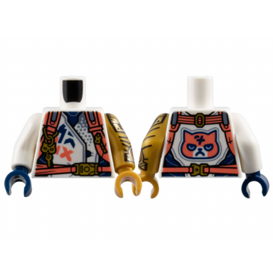 white torso racing jacket with dark blue panels coral harness straps with gold buckles zipper and key on keychain grumpy cat face on back pattern pearl gold arm left with armor pattern white arm right pearl gold hand left dark blue hand right