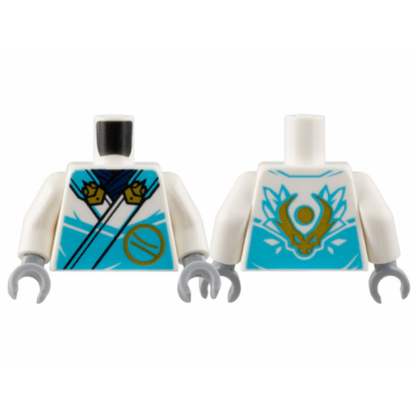 white torso ninja robe with medium azure trim and gold buckles over dark blue sash ninjago logogram letter z in circle dragon head and orb on back pattern white arms light bluish gray hands