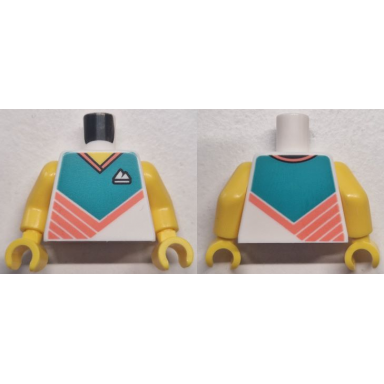 white torso sport shirt with dark turquoise panel mountains logo coral collar and diagonal stripes yellow neck pattern yellow arms yellow hands