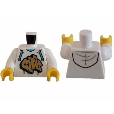 white torso hoodie with medium azure drawstrings gold and dark blue city pattern white arms yellow hands
