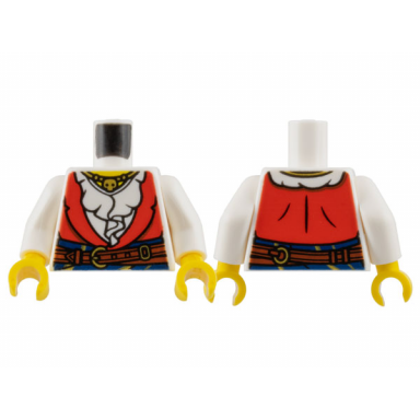 white torso female pirate red vest over ruffled shirt dark blue sash with gold stripes reddish brown belt with buckles necklace with beads and skull yellow neck pattern white arms yellow hands