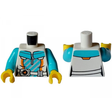 white torso jacket over medium azure shirt with collar white belt silver zipper buckle and diagonal stripes pattern medium azure arms yellow hands