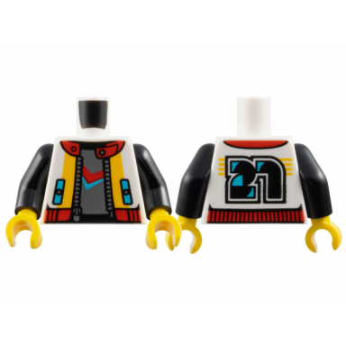 white torso jacket open with silver zipper medium azure pockets bright light orange and red trim and stylized black 21 on back over dark bluish gray shirt pattern black arms yellow hands