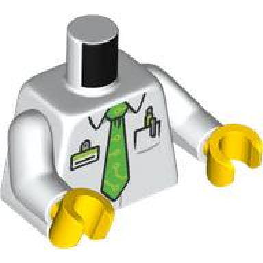 white torso shirt with collar and pen in pocket id badge bright green tie with lime circuitry pattern white arms yellow hands