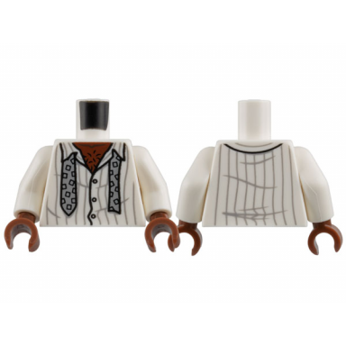 white torso shirt with buttons open collar and light bluish gray pinstripes loose tie with squares reddish brown hairy chest pattern white arms reddish brown hands