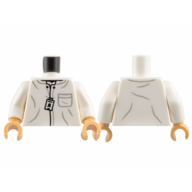 white torso lab uniform top with light bluish gray pocket and folds black buttons and id badge pattern white arms medium tan hands