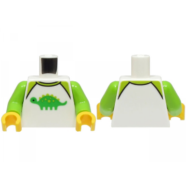 white torso shirt with lime collar and bright green dinosaur pattern lime arms yellow hands