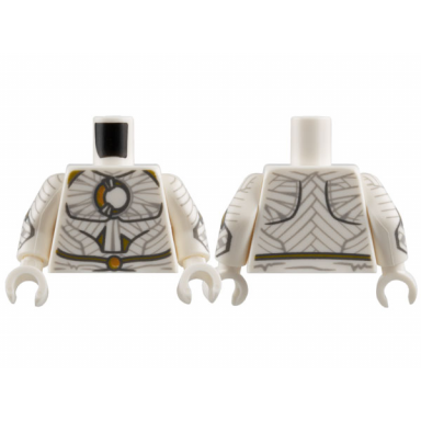 white torso layered wrappings gold crescent moon shoulders and thin belt with circle buckle pattern white arms with layered wrappings and gold crescent moons pattern white hands