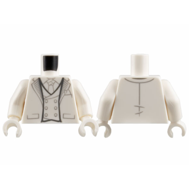 white torso suit jacket open with pockets and light bluish gray lines on lapels over vest with buttons tie pocket square pattern white arms white hands