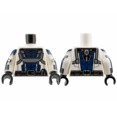white torso armor with dark blue center panel silver trim black collar and metallic light blue dots utility belt pattern white arms with black cuffs dark blue armor metallic light blue dots and silver trim pattern black hands