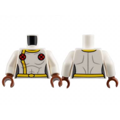 white torso female super hero costume with yellow collar stripe and belt 2 red circles with x-men logo pattern white arms reddish brown hands