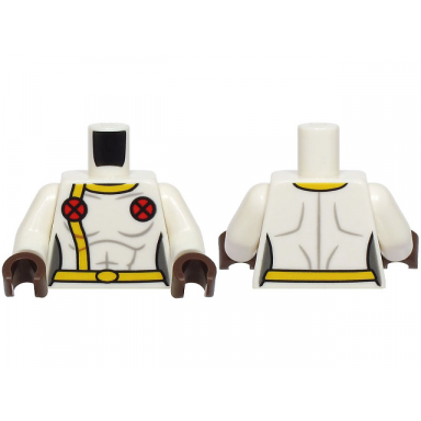 white torso female super hero costume with yellow collar stripe and belt 2 red circles with x-men logo pattern white arms umber hands