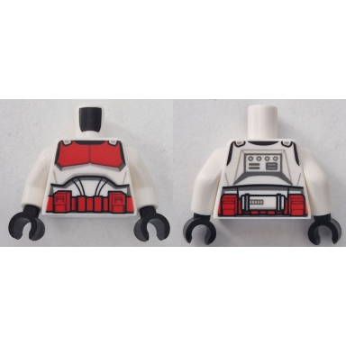 white torso sw armor clone trooper with red breastplate and belt with boxes black markings pattern clone wars white arms black hands