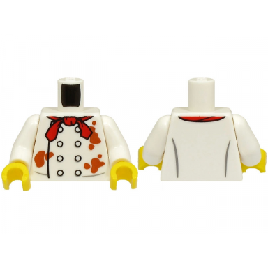 white torso chef jacket with 8 buttons and dark orange splotches red neckerchief pattern bam white arms yellow hands