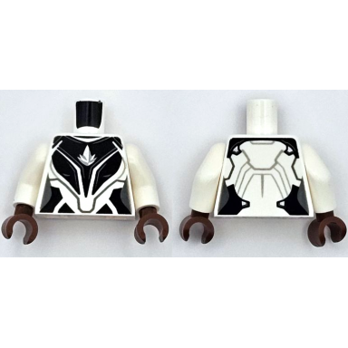 white torso female super hero costume with black armor panels dark bluish gray lines silver logo on chest pattern white arms reddish brown hands