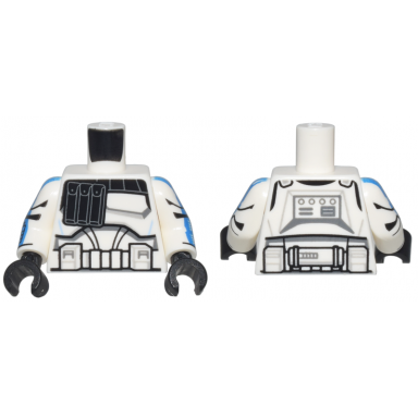 white torso sw armor captain rex black pouches and detailed belt pattern clone wars white arms with armor panels worn blue stripes and tally marks pattern black hands