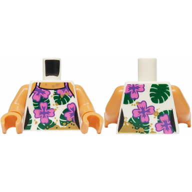 white torso top dark pink flowers dark green leaves dark tan dirt stains pattern nougat arms nougat hands
